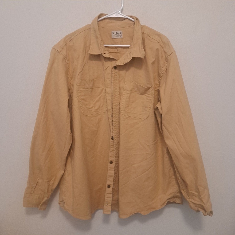 LL Bean BeanFlex Traditional Fit Canvas Utility Shirt Tan Khaki Mens XL